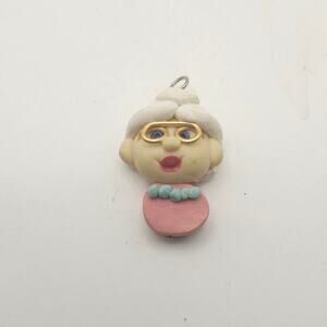 Handmade Clay Kitsch Grandma Lady Pendant Charm Gold Tone Glasses Pink Blue 1in
